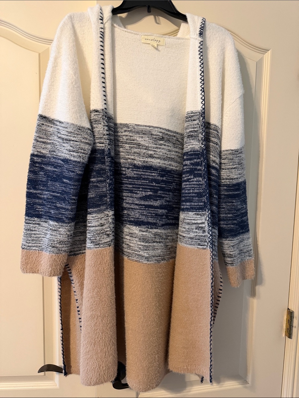 Cozy Hooded Colorblock Cardigan Sweater - White Navy Tan